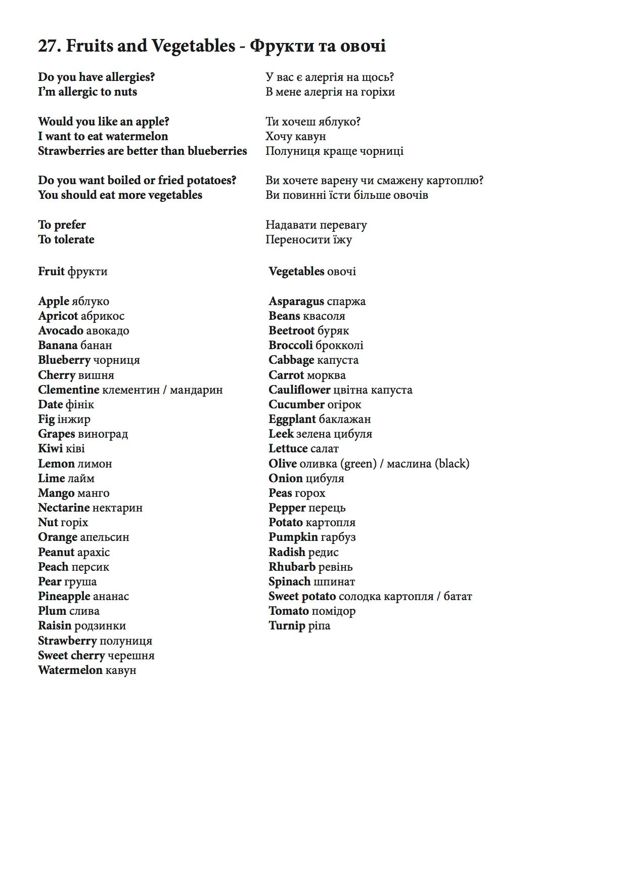 Ultimate Ukrainian Notebook chapter 27 fruits and vegetables