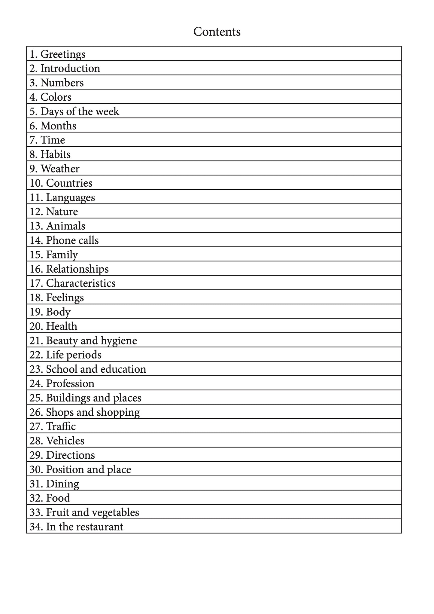 second contents page with the titles of chapter 1-34 in a table