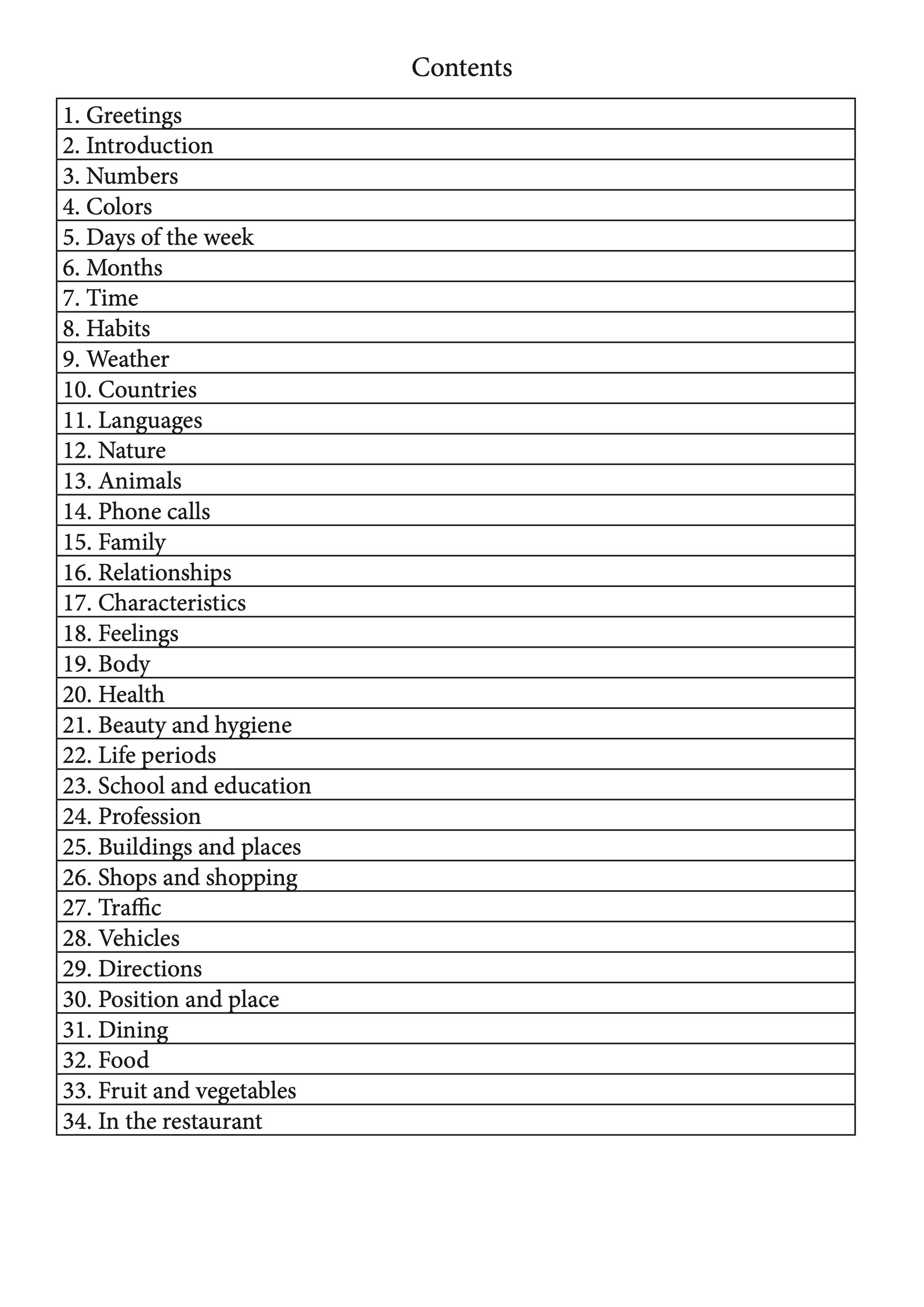 second contents page with the titles of chapter 1-34 in a table