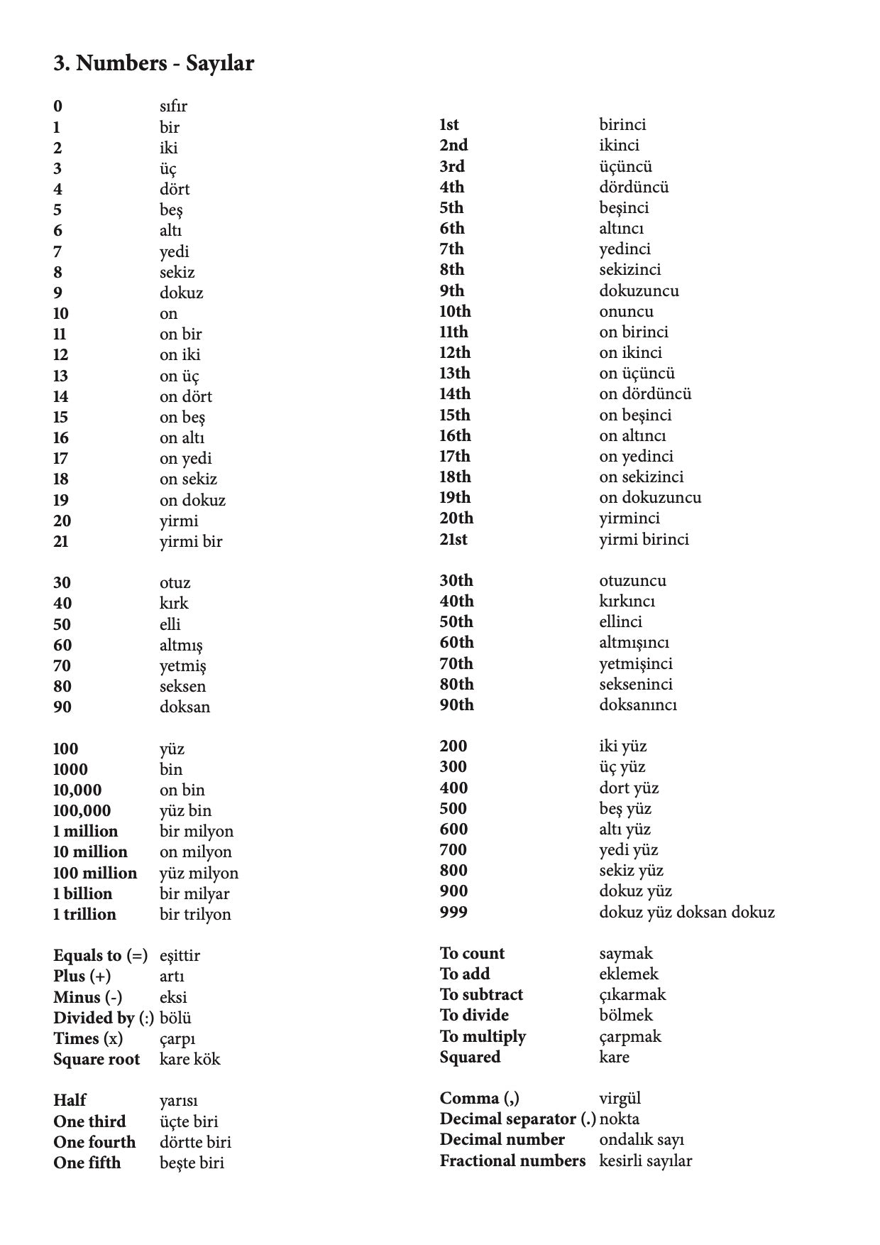 Ultimate Turkish Notebook chapter 3 numbers