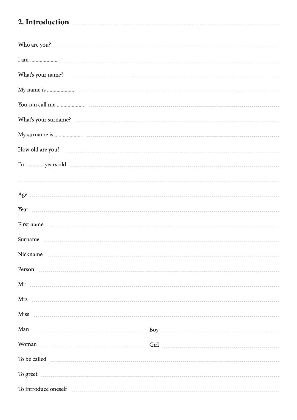 chapter 2 title and below it vocabulary list and blank spaces 