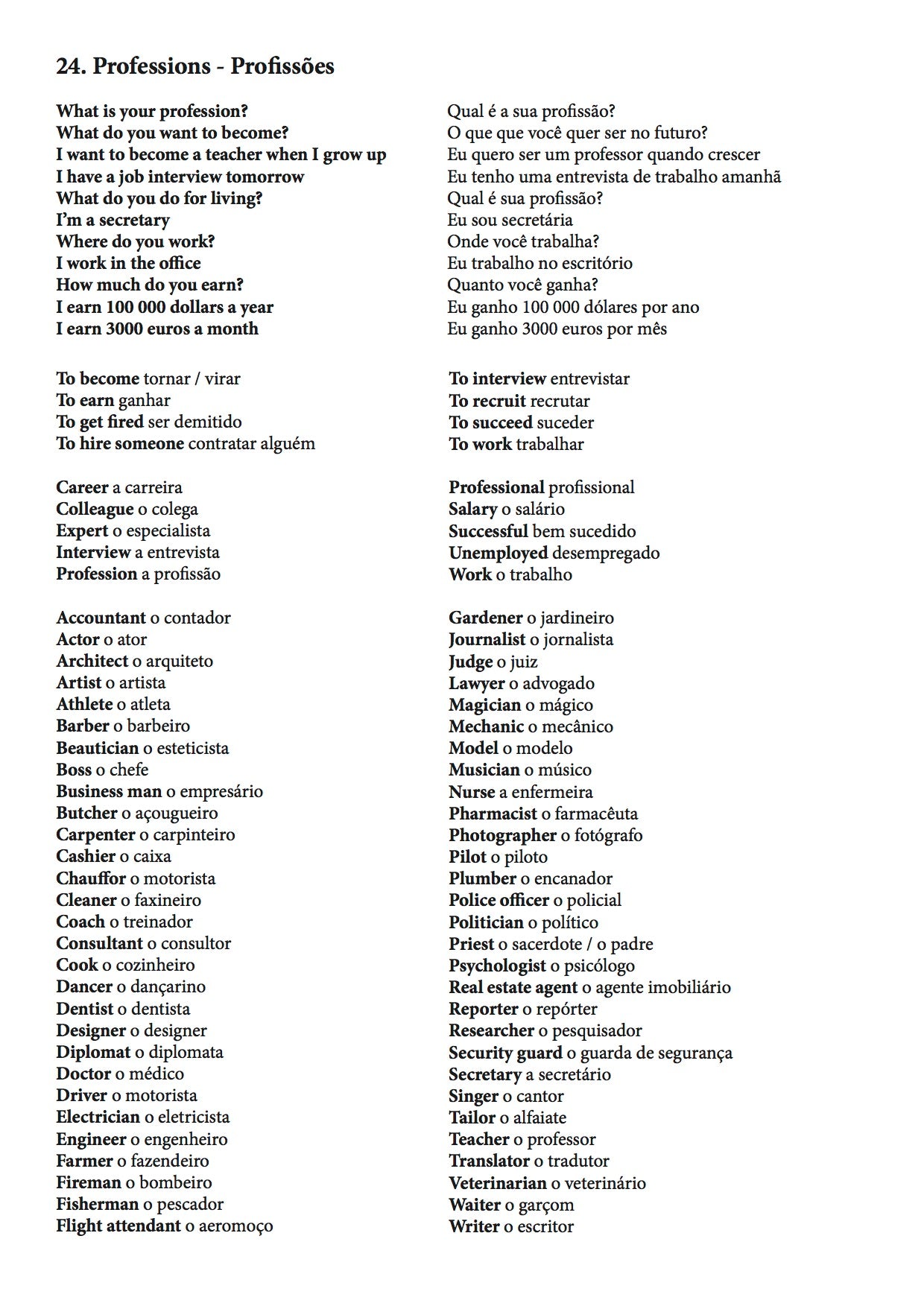 Ultimate Brazilian Portuguese Notebook chapter 24 professions