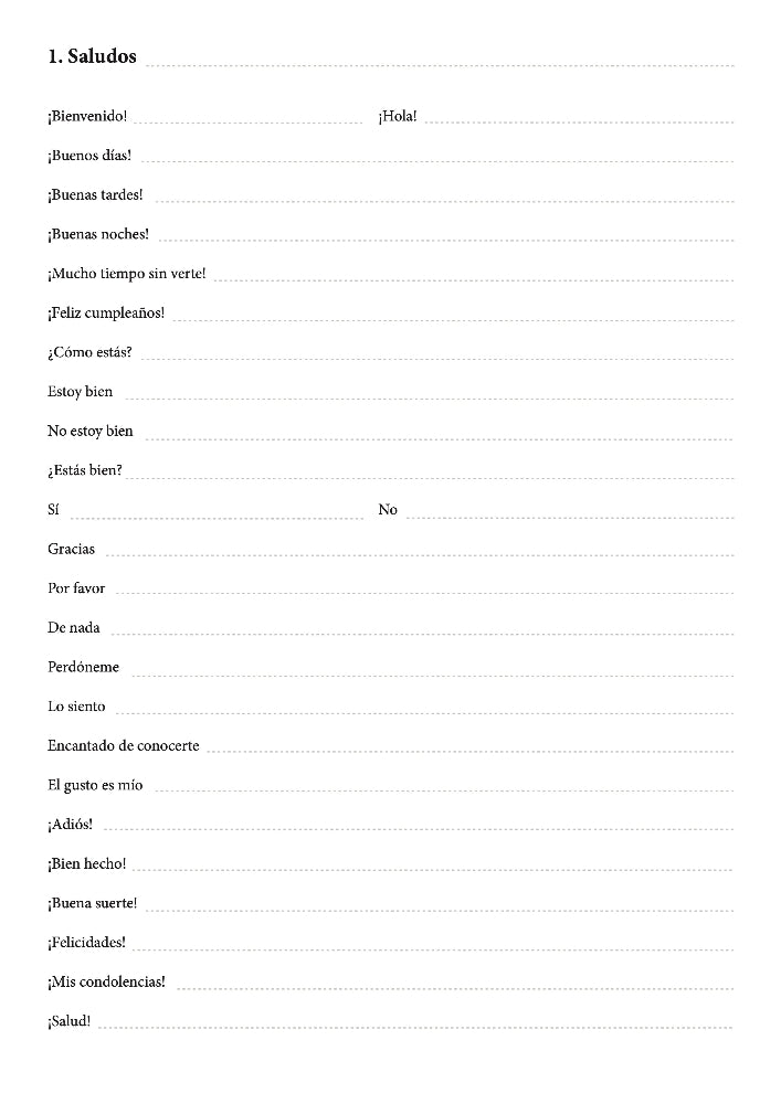 First topic "Greetings" left page word lists shown