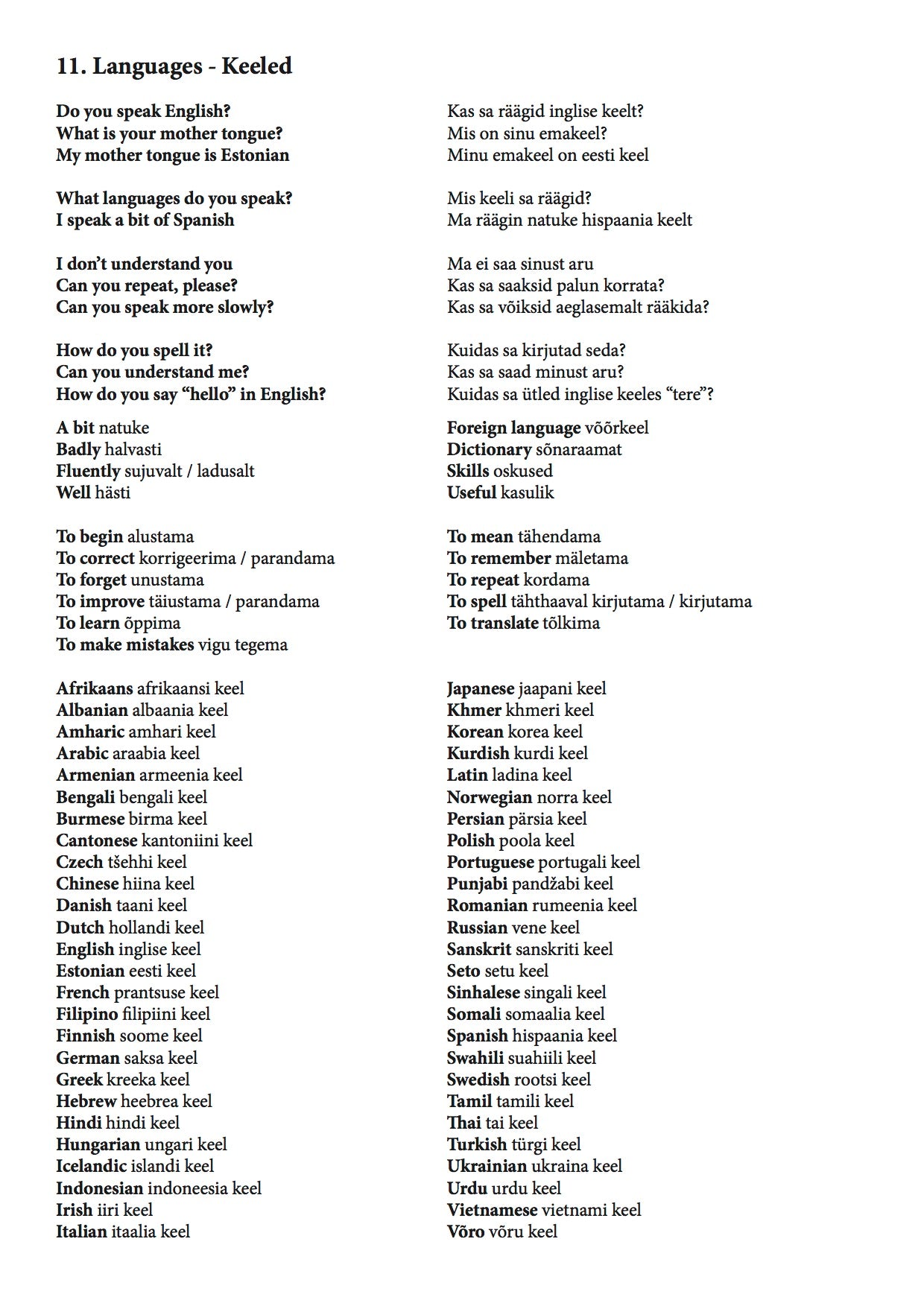 Ultimate Estonian Notebook chapter 11 languages